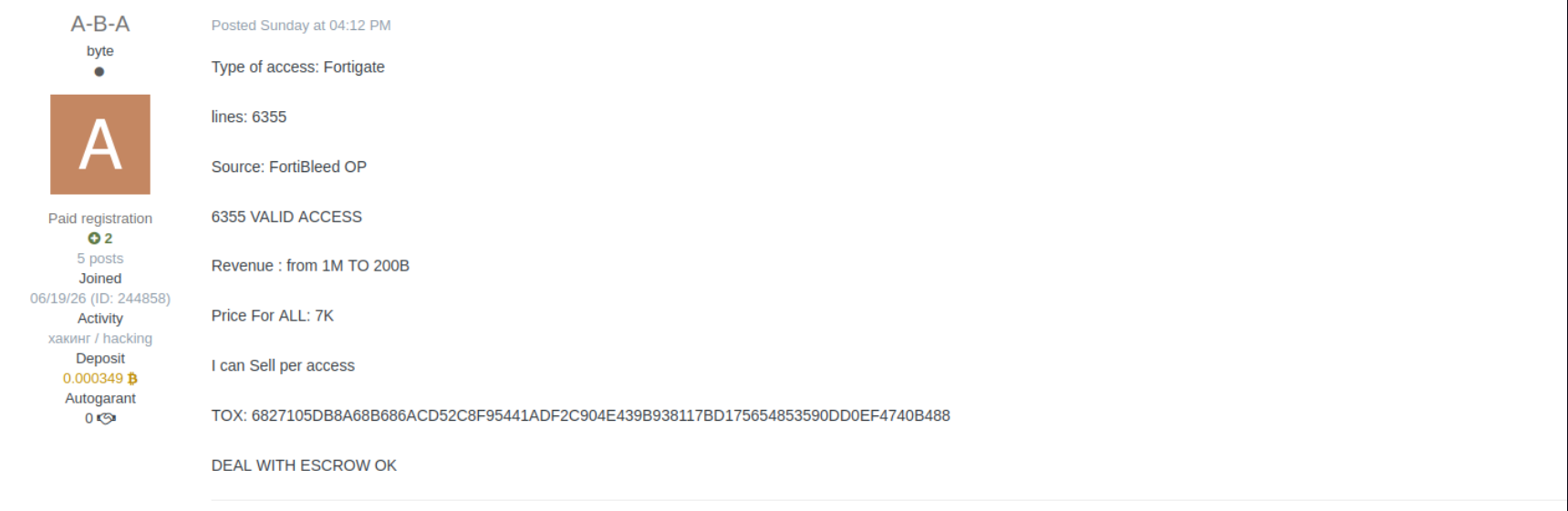 Exploit.in forum post offering 6,355 valid FortiGate credentials from the FortiBleed operation, priced at $7,000 for the full batch