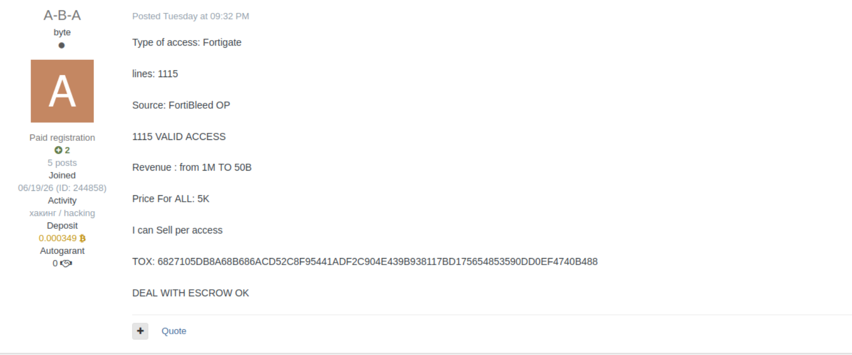 Exploit.in forum post offering 1,115 valid FortiGate credentials from the FortiBleed operation, priced at $5,000 for the full batch